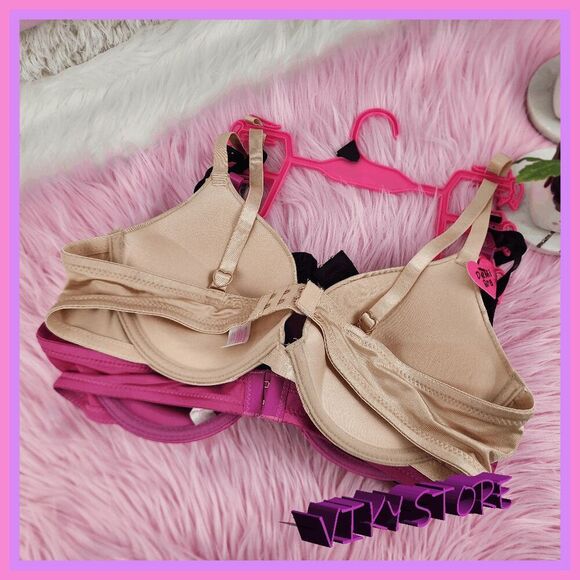 💖 NWT Betsey Johnson 3 Pck Unlined Bra 38C Black Pink Beige Chic #7226 💖 - Picture 5 of 7